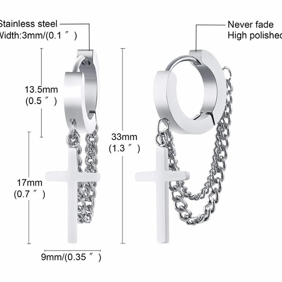 Stainless Steel Cross Double Chain Huggie Hoops Earring Pair for Mens Earrings - Picture 7 of 7